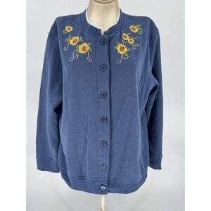 Vintage Cardigan Sweater Women's Large Blue Sunflower Embroidered Grandma Fleece